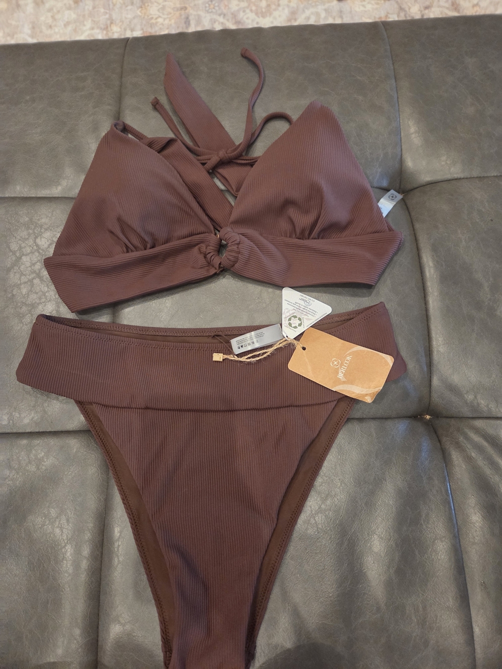 Ribbed Chocolate Brown High-Waist Bikini Set